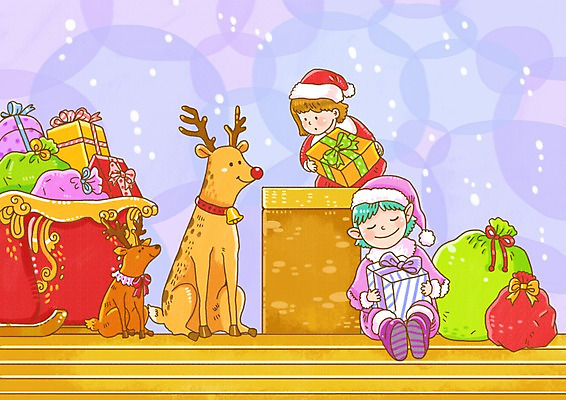 PSD 동물 계절 여자 기념일 초등학생 어린이 크리스마스 겨울 일러스트 포유류 상상 동화 사슴 선물 사람 소녀 두명 선물상자 판타지 루돌프 눈 주머니 보따리 썰매 동화나라 여자만 어린이만 소녀만 동심 국내일러스트 자연요소 학생 날씨 이벤트 상자 파일형식