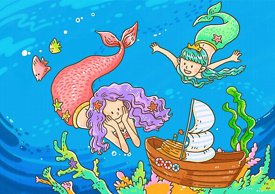 PSD 동물 여자 일러스트 상상 동화 어류 사람 20대 성인 두명 물 판타지 바닷속 해저 수중 해조류 동화나라 인어공주 미역 인어 선박 여자만 성인여자만 청년만 청년여자만 성인만 동심 가상인물 국내일러스트 자연요소 수상교통 청년 수중동물 해양식물 공주님 파일형식