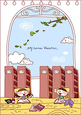 EPS 나무 식물 구름 학생 여자 어린이교육 교육 남자 초등학생 어린이 일러스트 탁자 하늘 방학 책장 여름방학 사람 소녀 소년 두명 책 체험학습 도서관 책상 어린이만 국내일러스트 자연요소 가구 휴가 체험 파일형식 벡터 여름_계절