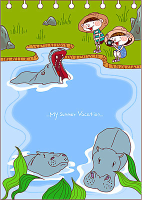 EPS 동물 모자 학생 여자 어린이교육 교육 남자 초등학생 어린이 잎 일러스트 포유류 방학 여름방학 사람 소녀 소년 잔디 초원 두명 물 강 카메라 사진촬영 촬영 체험학습 풀 밀짚모자 하마 어린이만 국내일러스트 자연요소 식물 모자_잡화 잡화 휴가 전자제품 체험 파일형식 벡터 여름_계절