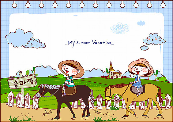 EPS 동물 구름 모자 학생 건축물 여자 어린이교육 교육 남자 건축 초등학생 어린이 일러스트 포유류 하늘 방학 여름방학 사람 소녀 소년 두명 건물 울타리 말_동물 체험학습 승마 밀짚모자 승마장 어린이만 국내일러스트 자연요소 모자_잡화 잡화 스포츠 휴가 담장 체험 파일형식 벡터 여름_계절