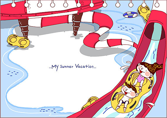 EPS 학생 여자 어린이교육 교육 남자 초등학생 어린이 여행 일러스트 놀이 방학 휴가 수영장 여름방학 사람 소녀 소년 두명 물 보트 미끄럼틀 놀이기구 선박 어린이만 국내일러스트 자연요소 수상교통 배_교통 파일형식 벡터 여름_계절