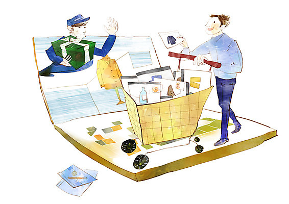 PSD 남자 일러스트 모바일 사람 20대 성인 두명 카트 수레 운송업 우편물 장바구니 오브젝트 택배 첨단과학 IT라이프 온라인쇼핑 모바일쇼핑 남자만 성인남자만 청년만 청년남자만 성인만 국내일러스트 라이프스타일 산업 과학 정보기술 청년 쇼핑 바구니 온라인 파일형식