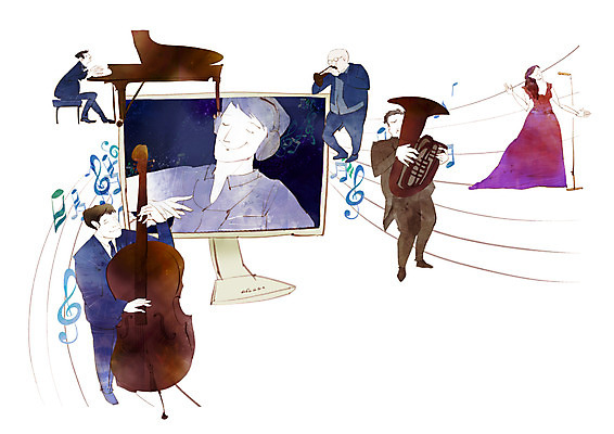 PSD 남자 악기 음악 일러스트 현악기 관악기 사람 여러명 20대 성인 전자제품 컴퓨터 모니터 건반 피아노 첨단과학 성악가 IT라이프 첼로 음악회 지휘 호른 소프라노 원격 남자만 성인남자만 청년만 청년남자만 성인만 국내일러스트 라이프스타일 과학 다수 문화예술 정보기술 청년 공연 가수 건반악기 금관악기 파일형식 찰현악기