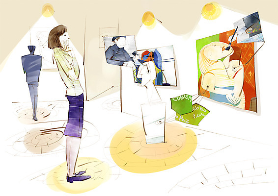 PSD 여자 남자 예술 일러스트 조명 미술 사람 20대 성인 두명 전시 감상 미술관 전시회 첨단과학 그림 작품 IT라이프 청년만 성인만 국내일러스트 라이프스타일 과학 문화예술 정보기술 청년 파일형식