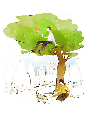 PSD 나무 식물 동물 한마리 건축물 여자 남자 건축 일러스트 포유류 사람 빌딩 20대 성인 두명 건물 개 IT라이프 청년만 성인만 국내일러스트 1 라이프스타일 정보기술 청년 파일형식