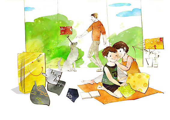 PSD 동물 구름 라이프스타일 여자 남자 초등학생 어린이 일러스트 포유류 하늘 사람 소녀 소년 20대 성인 책 세명 반려동물 개 강아지 손수건 IT라이프 국내일러스트 자연요소 학생 정보기술 청년 생활 파일형식