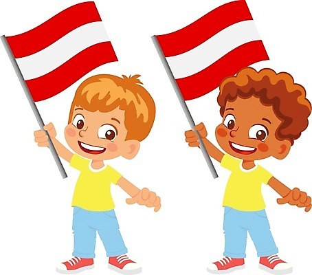 EPS 해외이미지 전신 남자 어린이 일러스트 들기 소년 두명 오스트리아 심볼 소년만 오스트리아국기 해외202009 해외일러스트 유럽 모션 사람 국기 남자만 어린이만 파일형식 벡터