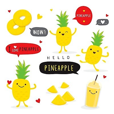EPS 해외이미지 무료이미지 캐릭터 조각 말풍선 일러스트 윙크 사람없음 노란색 하트 파인애플 슬라이스 파인애플주스 해외202009 해외202105 해외일러스트 일러캐릭터 모양 컬러 과일 표정 과일주스 열대과일 파일형식 벡터