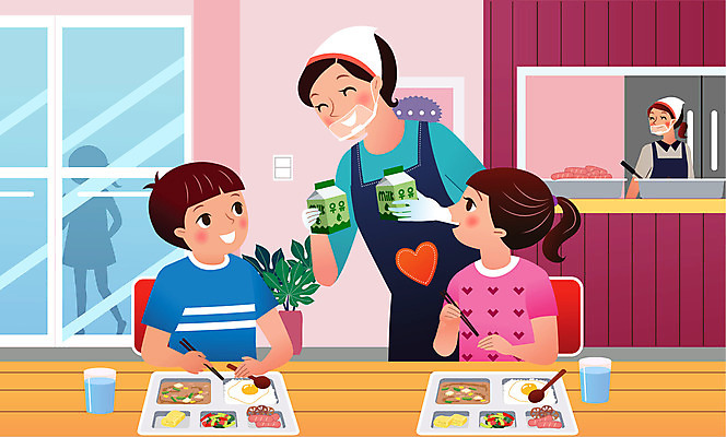 여자 남자 어린이 음식 일러스트 식재료 젓가락 그림자 안전 사람 여러명 상반신 성인 문 식당 숟가락 물컵 식판 급식 국내일러스트 AI파일 다수 수저 컵 상점 파일형식 벡터