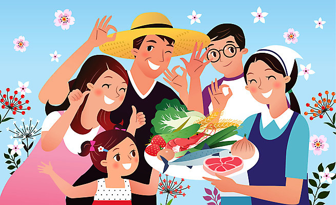 여자 남자 꽃 어린이 음식 일러스트 식재료 딸기 양파 나뭇잎 새우 육류 어류 안전 사람 여러명 상반신 성인 계란 벼 농부 OK 배추 밀짚모자 파 국내일러스트 AI파일 식물 직업 모자_잡화 다수 잎 채소 과일 곡류 갑각류 손짓 알 수중동물 파일형식 벡터