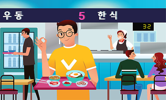 전신 문자 그릇 여자 남자 음식 일러스트 젓가락 탁자 안전 사람 여러명 상반신 성인 컵 식당 숟가락 OK 냉장고 자판기 휴게소 성인만 국내일러스트 AI파일 식기 가구 다수 휴식 수저 손짓 상점 가전제품 파일형식 벡터