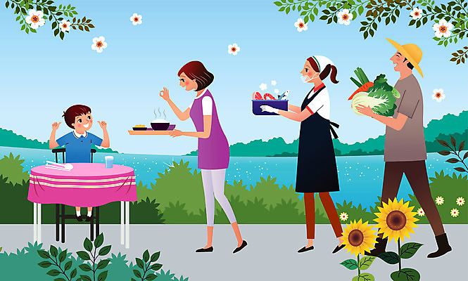 전신 그릇 여자 남자 꽃 어린이 음식 일러스트 식재료 탁자 밥 나뭇잎 해바라기 새우 육류 어류 안전 사람 여러명 성인 식사 당근 배추 파 국내일러스트 AI파일 식물 식기 가구 다수 잎 채소 뿌리채소 갑각류 수중동물 파일형식 벡터