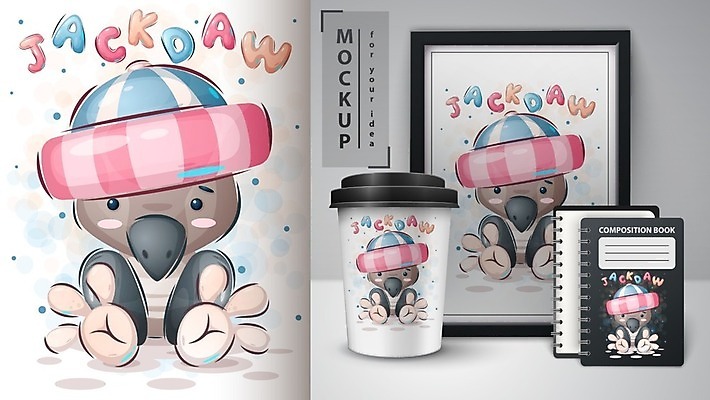 EPS 해외이미지 무료이미지 캐릭터 액자 일러스트 사람없음 스프링노트 까마귀 테이크아웃컵 목업 벡터 해외202009 해외202105 해외일러스트 일러캐릭터 조류 컵 공책 파일형식