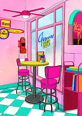 PSD 분홍색 백그라운드 의자 일러스트 창문 탁자 사람없음 장식 컬러풀 카페 빈티지 복고 뉴트로 키치 국내일러스트 컬러 가구 컨셉 상점 파일형식