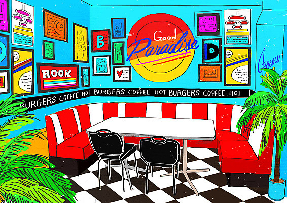 PSD 나무 포스터 백그라운드 의자 일러스트 간판 사람없음 장식 빨간색 컬러풀 카페 빈티지 복고 뉴트로 키치 국내일러스트 식물 컬러 가구 컨셉 상점 파일형식