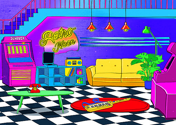 PSD 화분 백그라운드 의자 일러스트 탁자 조명 사람없음 장식 컬러풀 카펫 카페 빈티지 남색 복고 전자피아노 뉴트로 키치 국내일러스트 컬러 가구 컨셉 상점 피아노 파일형식