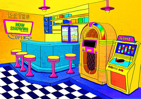 PSD 백그라운드 의자 일러스트 탁자 조명 사람없음 장식 컬러풀 카페 빈티지 게임기 복고 뉴트로 키치 국내일러스트 컬러 가구 컨셉 상점 파일형식