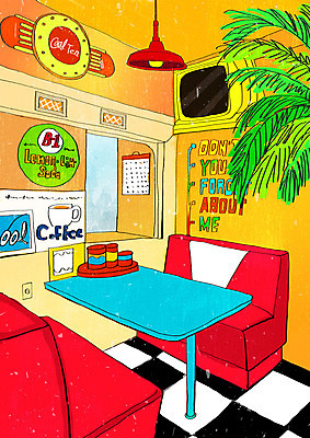 PSD 화분 백그라운드 의자 일러스트 창문 탁자 조명 사람없음 빨간색 컬러풀 카페 빈티지 복고 뉴트로 키치 국내일러스트 컬러 가구 컨셉 상점 파일형식