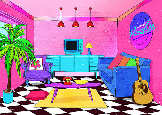 PSD 화분 분홍색 백그라운드 거실 의자 일러스트 창문 탁자 조명 사람없음 소파 컬러풀 기타 스탠드 빈티지 복고 뉴트로 키치 국내일러스트 컬러 가구 컨셉 현악기 파일형식