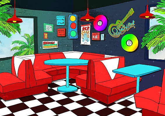 PSD 포스터 화분 백그라운드 의자 일러스트 창문 탁자 조명 사람없음 장식 빨간색 컬러풀 카페 회색 빈티지 복고 뉴트로 키치 국내일러스트 컬러 가구 컨셉 상점 파일형식