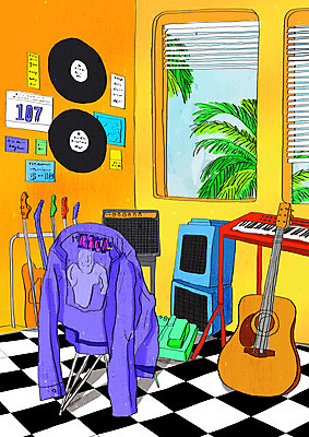 PSD 나무 옷 백그라운드 의자 일러스트 창문 사람없음 컬러풀 스피커 기타 빈티지 작업실 복고 뉴트로 키치 국내일러스트 식물 컬러 음향기기 가구 컨셉 현악기 파일형식