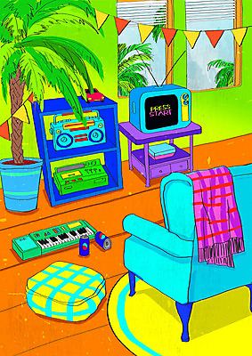 PSD 화분 백그라운드 쿠션 거실 의자 일러스트 창문 사람없음 소파 컬러풀 빈티지 라디오 복고 가랜드 뉴트로 키치 국내일러스트 컬러 가구 컨셉 전자제품 파티용품 파일형식