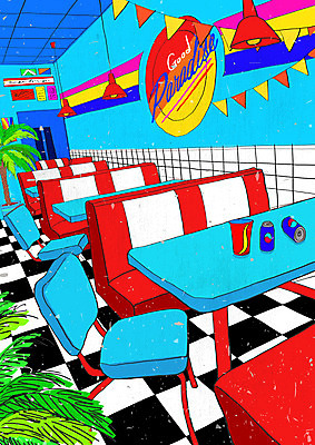 PSD 포스터 화분 음료 백그라운드 의자 일러스트 간판 사람없음 소파 컬러풀 카페 빈티지 복고 뉴트로 키치 국내일러스트 컬러 가구 컨셉 상점 파일형식