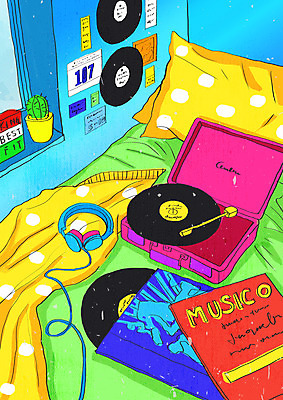 PSD 포스터 백그라운드 일러스트 창문 베개 사람없음 장식 컬러풀 카페 이불 침대 레코드 빈티지 복고 선인장화분 뉴트로 키치 국내일러스트 화분 컬러 가구 컨셉 침구 선인장 상점 음반 파일형식