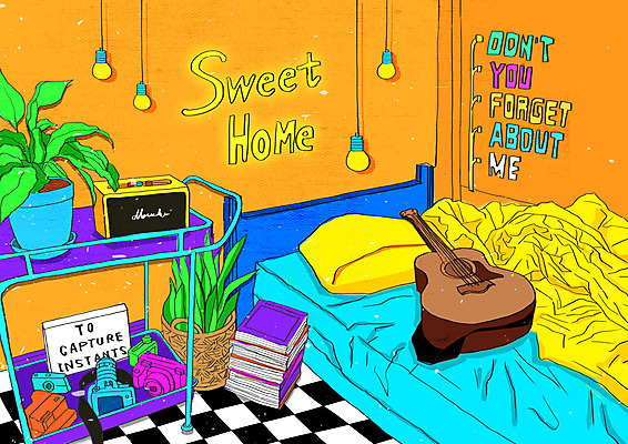 PSD 화분 백그라운드 일러스트 사람없음 장식 책 컬러풀 카메라 주황색 스피커 카페 이불 기타 침대 빈티지 복고 뉴트로 키치 국내일러스트 컬러 음향기기 가구 컨셉 침구 현악기 전자제품 상점 파일형식