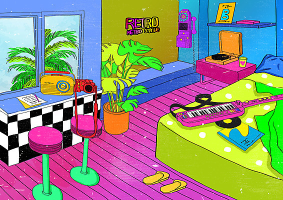 PSD 화분 분홍색 백그라운드 의자 일러스트 사람없음 컬러풀 카메라 카페 레코드 빈티지 피아노건반 전화기 라디오 복고 뉴트로 키치 국내일러스트 컬러 가구 컨셉 전자제품 상점 음반 건반 피아노 파일형식