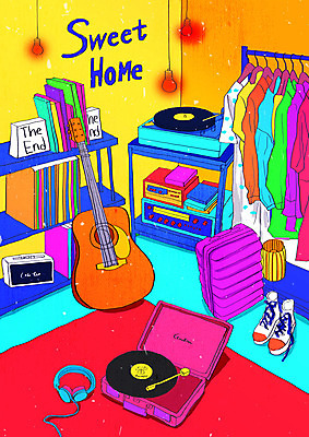 PSD 옷 백그라운드 일러스트 사람없음 빨간색 컬러풀 여행가방 카페 기타 레코드 빈티지 볼링핀 옷걸이 복고 뉴트로 키치 국내일러스트 컬러 컨셉 가방 현악기 상점 음반 볼링용품 파일형식