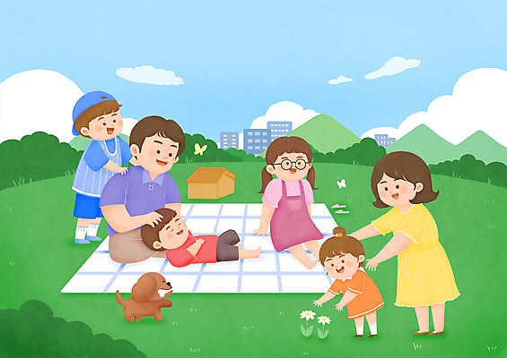전신 PSD 나무 공원 여자 남자 딸 아들 어린이 나비 일러스트 가족 엄마 휴식 대가족 잔디 여러명 성인 소풍 아빠 강아지 돗자리 놀기 반려 국내일러스트 식물 공공시설 다수 곤충 컨셉 관계 모션 사람 반려동물 야외활동 개 파일형식