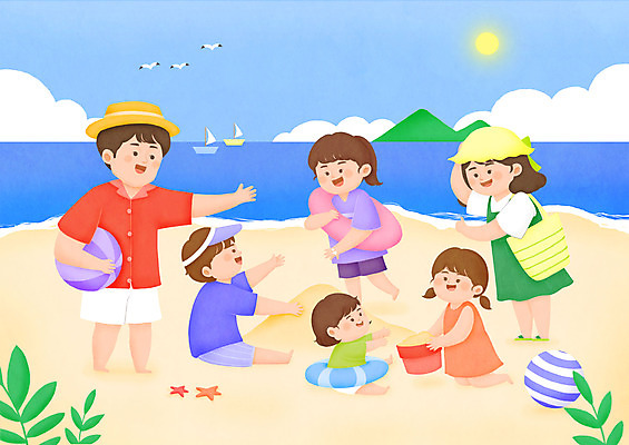 전신 PSD 모자 여자 남자 딸 아들 어린이 바다 일러스트 공 가족 놀이 엄마 대가족 여러명 성인 해변 모래사장 햇빛 수영 아빠 공놀이 튜브 국내일러스트 잡화 다수 관계 사람 태양 수상스포츠 파일형식