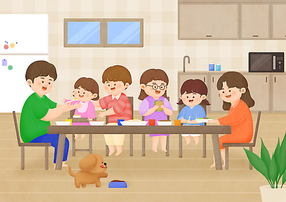 전신 PSD 여자 남자 딸 아들 어린이 음식 일러스트 가족 식탁 밥 엄마 대가족 여러명 성인 주방 식사 아빠 강아지 먹기 냉장고 반려 국내일러스트 다수 관계 모션 탁자 사람 반려동물 가전제품 개 파일형식