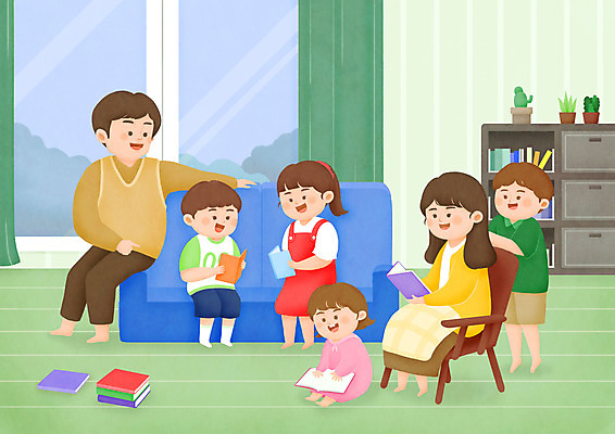 전신 PSD 여자 남자 딸 아들 어린이 거실 의자 일러스트 가족 엄마 책장 대가족 앉기 여러명 성인 책 소파 독서 아빠 국내일러스트 가구 다수 관계 모션 사람 파일형식