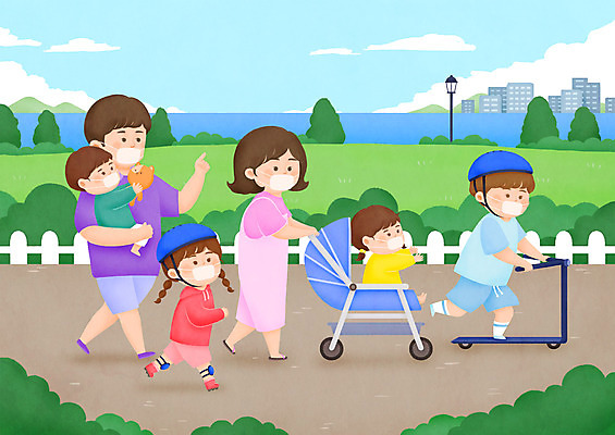 전신 PSD 공원 여자 남자 딸 아들 어린이 인형 일러스트 가족 안기 엄마 대가족 마스크 여러명 성인 걷기 산책 아빠 롤러블레이드 유모차 퀵보드 국내일러스트 공공시설 교통수단 다수 관계 모션 휴식 사람 취미 아기용품 파일형식