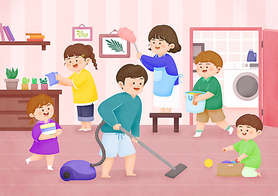 전신 PSD 여자 남자 딸 화분 아들 어린이 일러스트 가족 엄마 대가족 주택 여러명 성인 아빠 빨래 물주기 정리 청소기 닦기 대청소 쓸기 국내일러스트 다수 가사 관계 모션 사람 건물 전자제품 청소도구 청소 파일형식