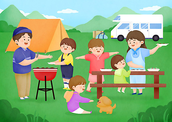전신 PSD 여자 남자 딸 아들 어린이 음식 여행 일러스트 가족 엄마 대가족 텐트 육류 여러명 성인 캠핑 아빠 강아지 먹기 캠핑카 놀기 반려 국내일러스트 다수 식재료 관계 모션 자동차 레저 캠핑도구 사람 반려동물 개 파일형식
