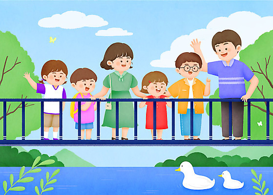 전신 PSD 공원 여자 남자 딸 아들 어린이 나비 일러스트 가족 자연 엄마 대가족 오리 여러명 성인 강 산책 시골 인사 아빠 구경 가교 국내일러스트 건축물 공공시설 다수 곤충 관계 조류 휴식 사람 예절 생태계 파일형식