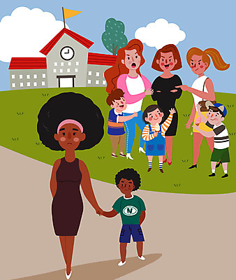 전신 학생 여자 남자 어린이 일러스트 학교 여러명 성인 두명 갈색 학부모 따돌림 왕따 인권 인종차별 제외 차별 국내일러스트 AI파일 교육 컬러 다수 사람 부모 파일형식 벡터