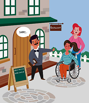 전신 여자 남자 일러스트 세명 초록색 레스토랑 사장 장애인 휠체어 인권 차별 국내일러스트 AI파일 컬러 비즈니스 사람 식당 장애 파일형식 벡터