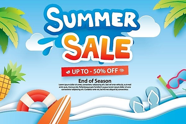 EPS 해외이미지 구름 파도 하늘색 일러스트 하늘 고글 사람없음 여름 야자수 세일 서핑보드 쪼리 파인애플 튜브 겹침 야자수잎 50% 해외202009 해외일러스트 자연요소 나무 계절 바다 잎 과일 파란색 보드_스포츠 퍼센트 샌들 열대과일 파일형식 벡터