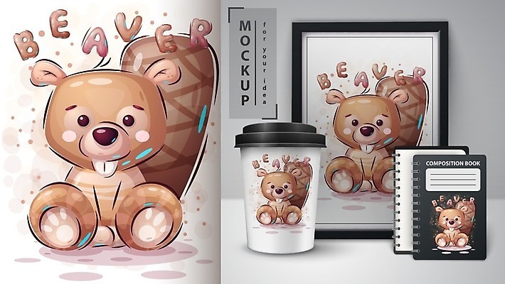 EPS 해외이미지 캐릭터 액자 일러스트 사람없음 책 스프링노트 비버 테이크아웃컵 목업 벡터 해외202009 해외일러스트 일러캐릭터 컵 공책 파일형식