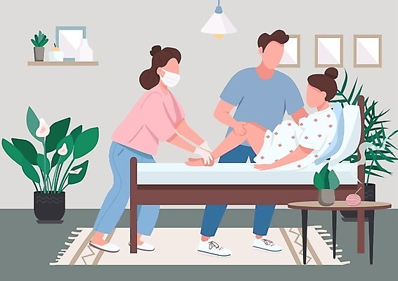 EPS 해외이미지 전신 여자 남자 일러스트 엄마 남편 실내 성인 세명 기댐 임산부 간호사 잡기 아내 출산 아빠 헬프 성인만 해외202009 해외일러스트 가족 모션 사람 내부 임신 의료진 도움 파일형식 벡터