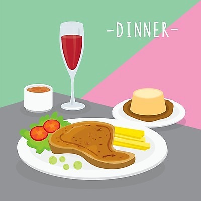 EPS 해외이미지 접시 와인잔 일러스트 방울토마토 스테이크 사람없음 와인 저녁식사 샐러드 감자튀김 완두콩 푸딩 해외202009 해외일러스트 식기 음식 토마토 술잔 디저트 콩 감자 주류 서양음식 식사 튀김 파일형식 벡터