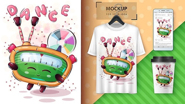 EPS 해외이미지 캐릭터 티셔츠 일러스트 사람없음 스마트폰 CD 라디오 테이크아웃컵 목업 벡터 해외202009 해외일러스트 일러캐릭터 셔츠 컵 전자제품 핸드폰 스마트기기 파일형식