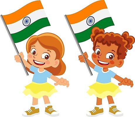 EPS 해외이미지 전신 캐릭터 여자 어린이 일러스트 들기 두명 국기 인도국기 소녀만 해외202009 해외일러스트 일러캐릭터 모션 사람 여자만 어린이만 파일형식 벡터
