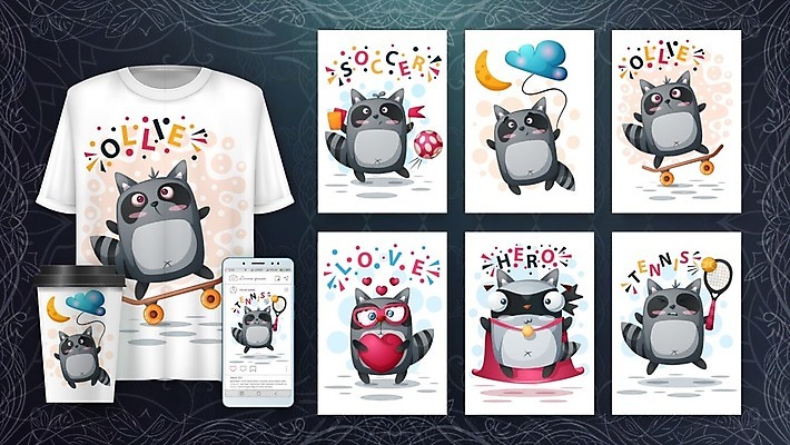 EPS 해외이미지 캐릭터 티셔츠 일러스트 사람없음 스마트폰 축구 스케이트 테니스 목업 벡터 라쿤 해외202009 해외일러스트 일러캐릭터 스포츠용품 셔츠 핸드폰 스마트기기 구기 너구리 파일형식