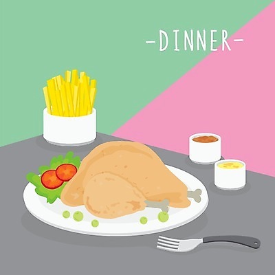 EPS 해외이미지 접시 포크 일러스트 방울토마토 사람없음 저녁식사 통닭 샐러드 감자튀김 완두콩 해외202009 해외일러스트 식기 음식 토마토 콩 감자 식사 치킨 튀김 파일형식 벡터